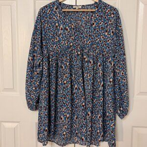 Boho Mini Peasant Baby Doll Dress‎ Tunic Blue Mixed Print Size Small